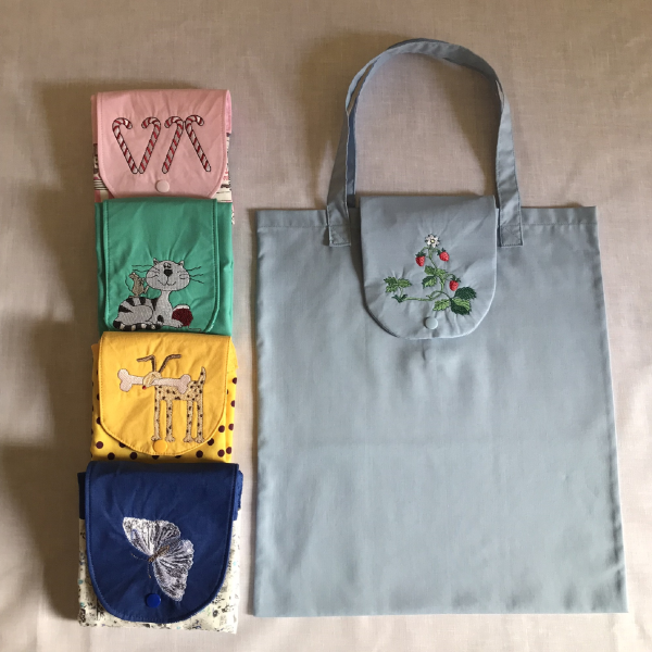 Wild Strawberries embroidered foldaway shopping tote bag